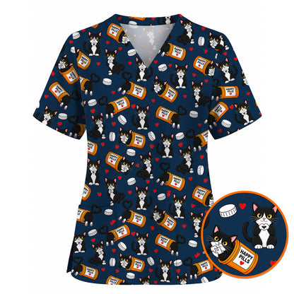 Cute Cat Nurse Scrub Top, Funny Happy Pills Medical Scrubs, Cat Lover Healthcare Uniform