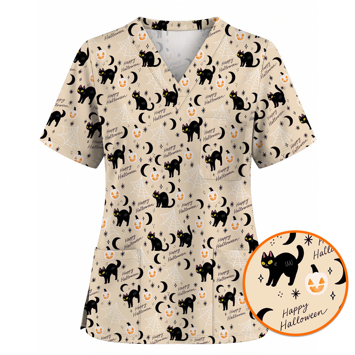 Black Cat Halloween Scrub Top, Cute Pumpkin Nurse Scrubs, Spooky Season Medical Uniform