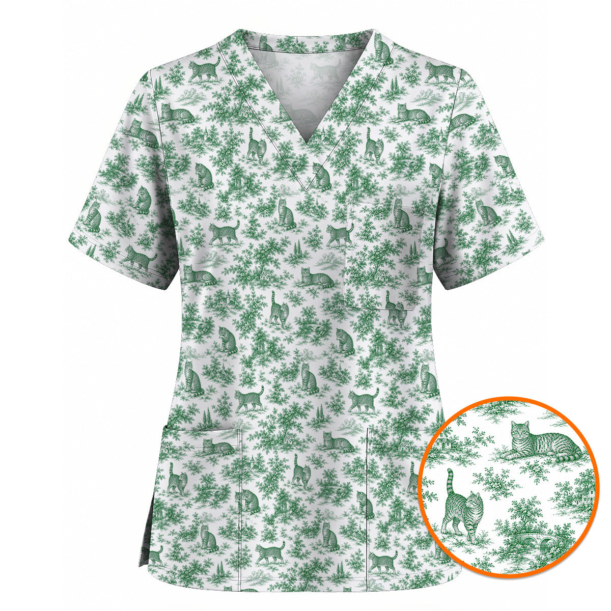 Toile de Jouy Cat Scrub Top, Crazy Cats Pattern Nursing Uniform for Cat Lovers, Vintage Feline Medical Scrubs