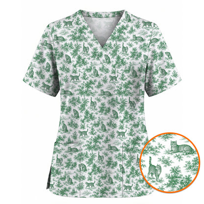 Toile de Jouy Cat Scrub Top, Crazy Cats Pattern Nursing Uniform for Cat Lovers, Vintage Feline Medical Scrubs