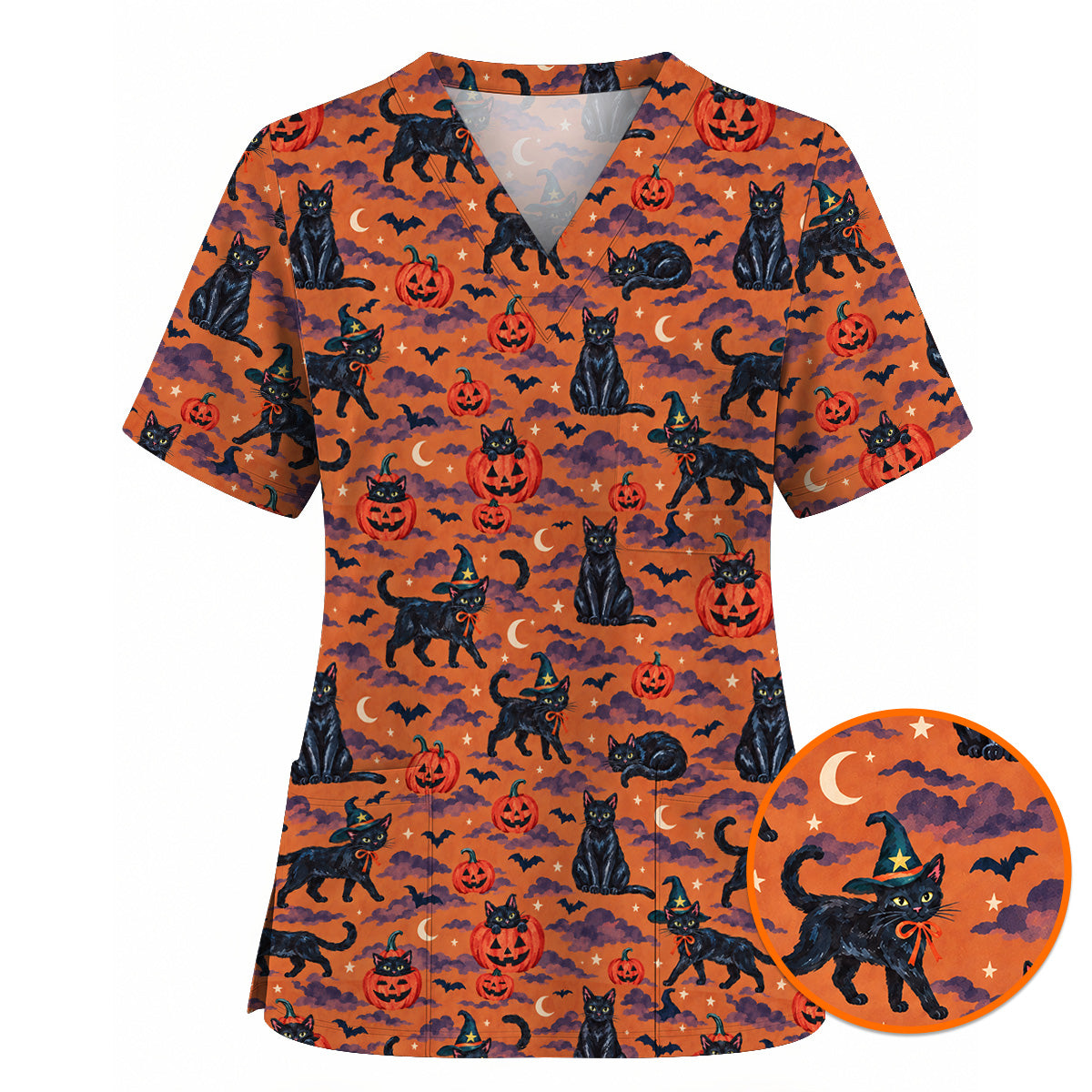 Black Cat Halloween Scrub Top, Witchy Pumpkin Nurse Scrubs, Spooky Season Healthcare Uniform