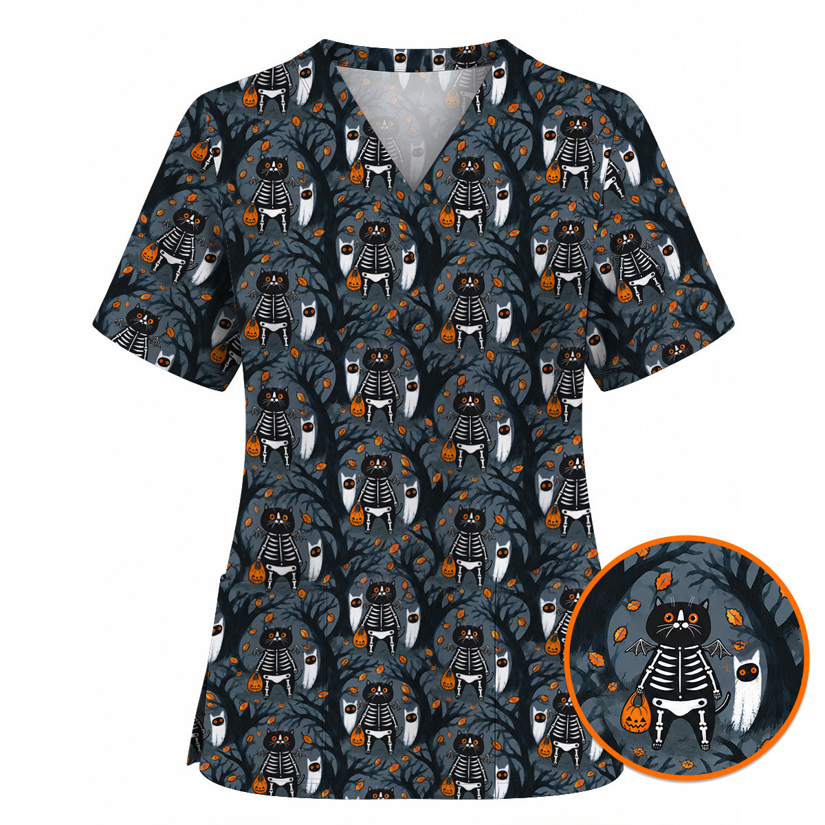 Skeleton Cat Halloween Scrub Top, Spooky Black Cat Nurse Scrubs, Halloween Medical Uniform