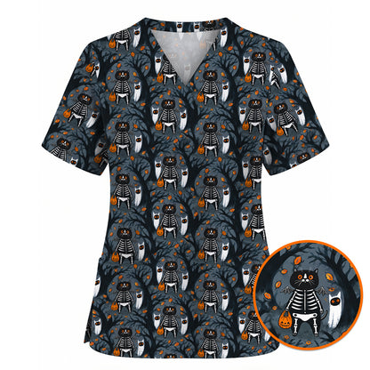 Skeleton Cat Halloween Scrub Top, Spooky Black Cat Nurse Scrubs, Halloween Medical Uniform