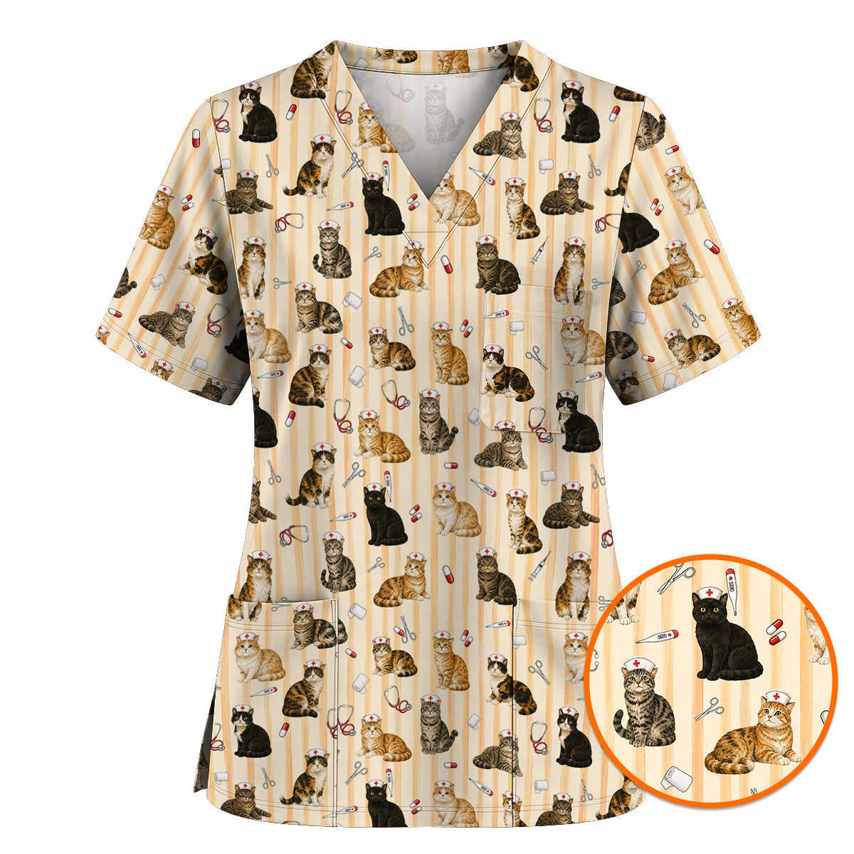 Nurse Cat Scrub Top, Cat Lover Medical Nurse Uniform for Veterinary & Healthcare Workers, Comfortable Feline Nursing Scrubs