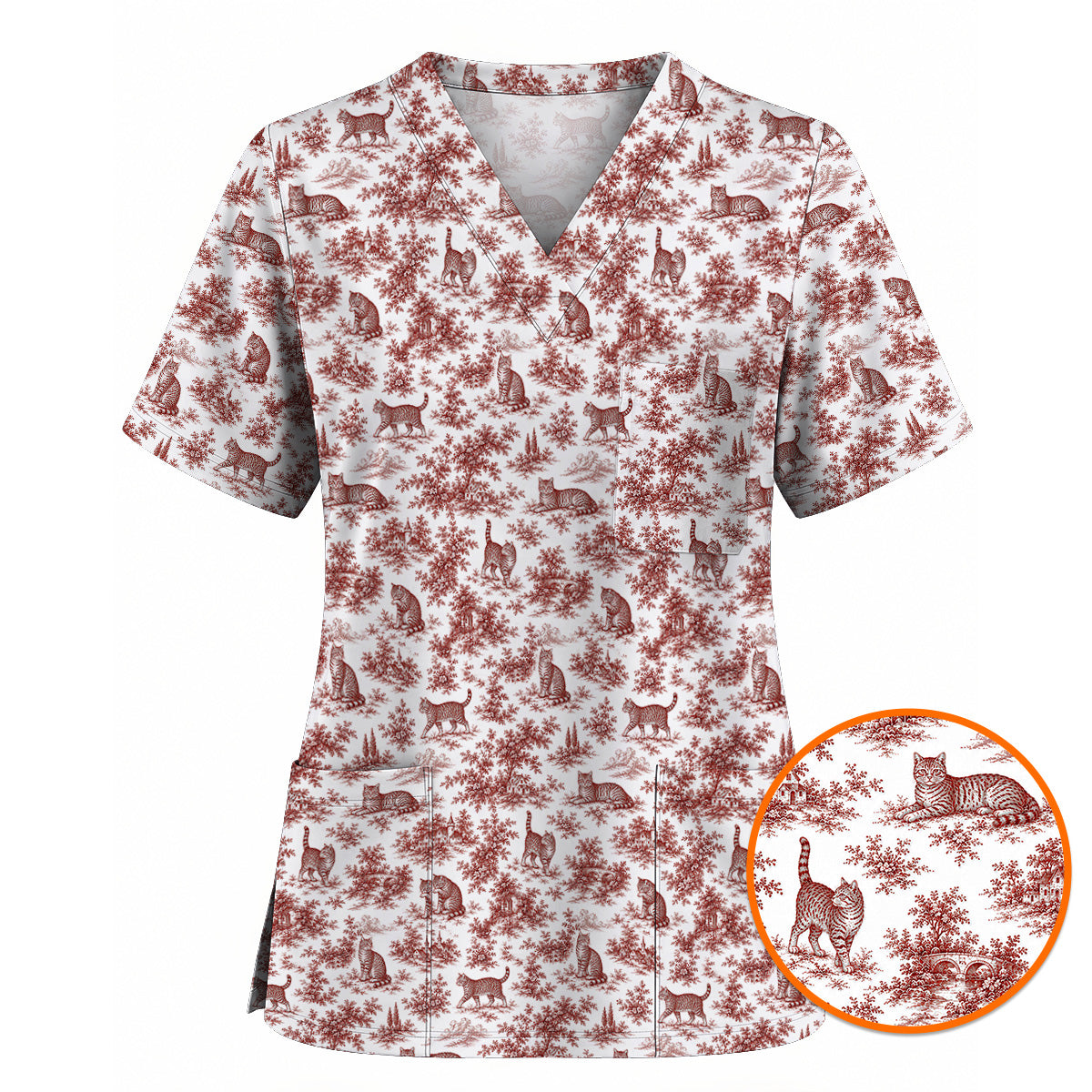 Toile de Jouy Cat Scrub Top, Crazy Cats Pattern Nursing Uniform for Cat Lovers, Vintage Feline Medical Scrubs