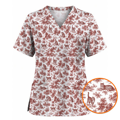 Toile de Jouy Cat Scrub Top, Crazy Cats Pattern Nursing Uniform for Cat Lovers, Vintage Feline Medical Scrubs