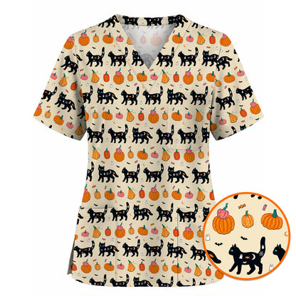 Halloween Black Cat Scrub Top, Pumpkin Cat Print Scrubs, Spooky Nurse Uniform