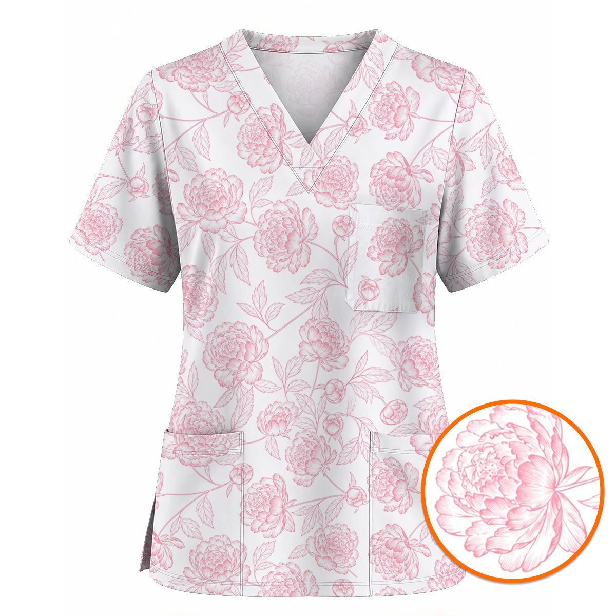 Peony Floral Pattern Scrub Top, Pink Peony Nurse Scrubs, Floral Nursing Uniform