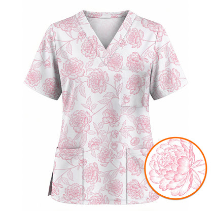 Peony Floral Pattern Scrub Top, Pink Peony Nurse Scrubs, Floral Nursing Uniform