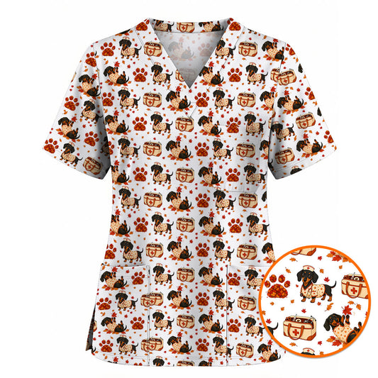 Fall Dachshund Scrub Top, Autumn Wiener Dog Nurse Uniform for Veterinary Professionals, Breathable Fabrics Nursing Scrubs for Dog Lovers