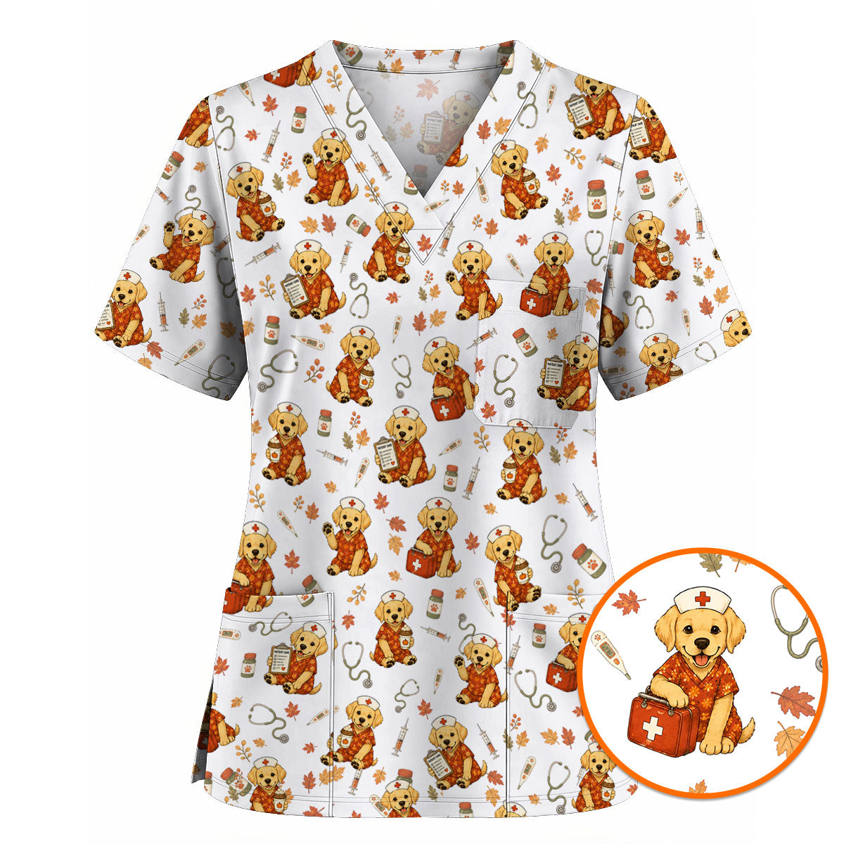 Autumn Labrador Retriever Scrub Top, Fall Dog Nursing Uniform for Veterinary Professionals, Cozy Autumn Nurse Scrubs for Dog Lovers
