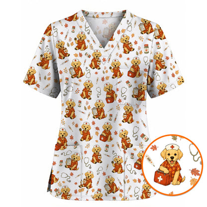 Autumn Labrador Retriever Scrub Top, Fall Dog Nursing Uniform for Veterinary Professionals, Cozy Autumn Nurse Scrubs for Dog Lovers