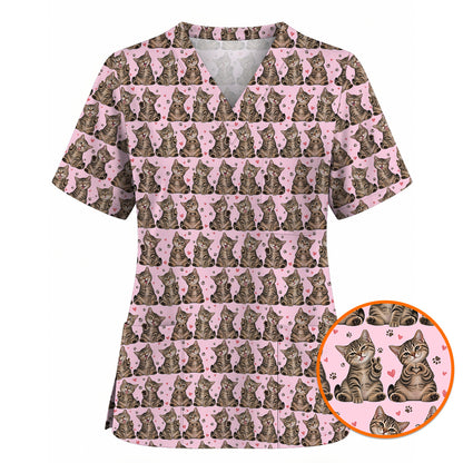 Cute Tabby Cat Pattern Scrub Top, Heart Paw Cat Nurse Scrubs, Breathable Fabrics Nursing Uniform