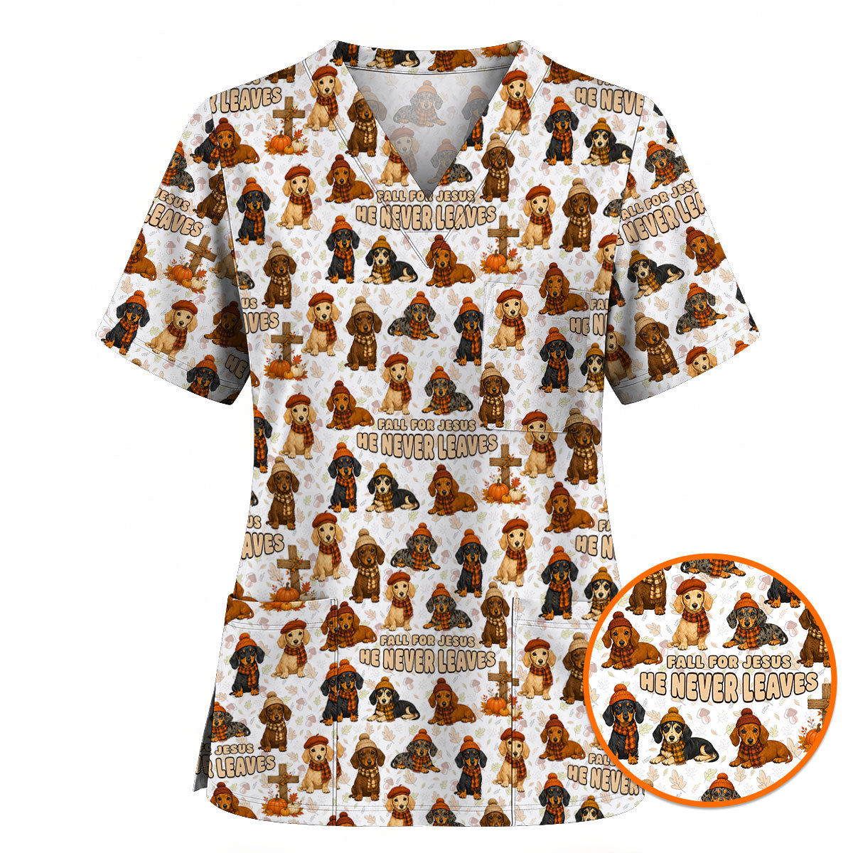 Autumn Dachshund Scrub Top, Wiener Dog Fall Nursing Uniform for Dog Lovers, Comfortable Scrubs for Nurses