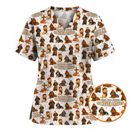 Autumn Dachshund Scrub Top, Wiener Dog Fall Nursing Uniform for Dog Lovers, Comfortable Scrubs for Nurses