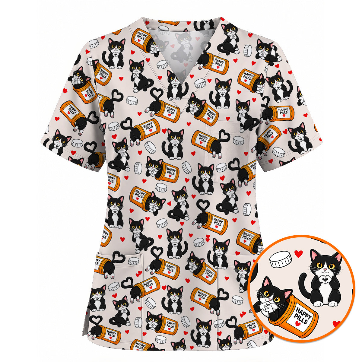 Cute Cat Nurse Scrub Top, Funny Happy Pills Medical Scrubs, Cat Lover Healthcare Uniform
