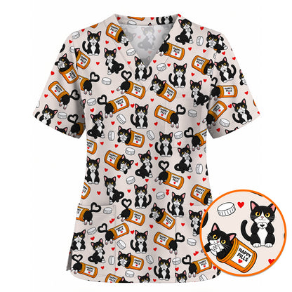 Cute Cat Nurse Scrub Top, Funny Happy Pills Medical Scrubs, Cat Lover Healthcare Uniform