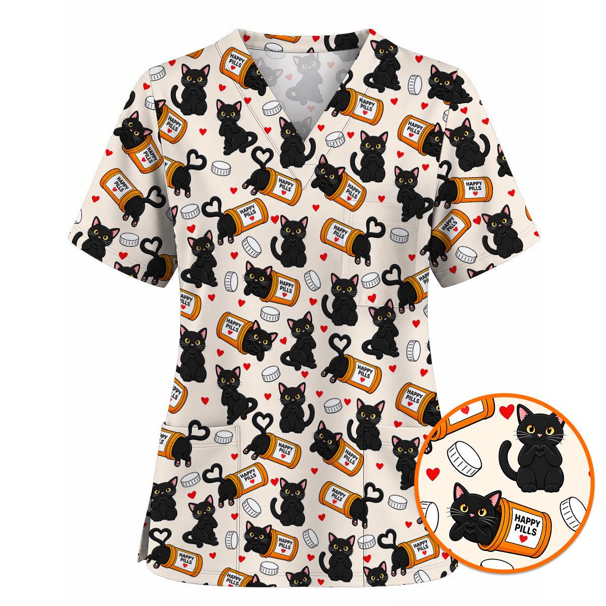 Black Cat Happy Pills Nurse Scrub Top, Funny Pharmacy Cat Scrubs for Nurses, Cute Medical Nursing Uniform Gift
