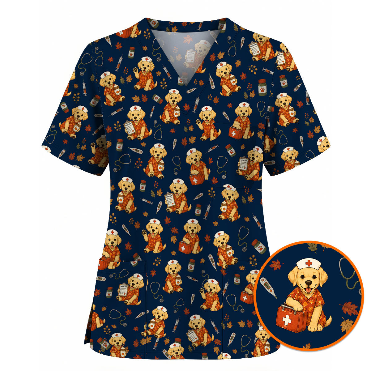 Autumn Labrador Retriever Scrub Top, Fall Dog Nursing Uniform for Veterinary Professionals, Cozy Autumn Nurse Scrubs for Dog Lovers