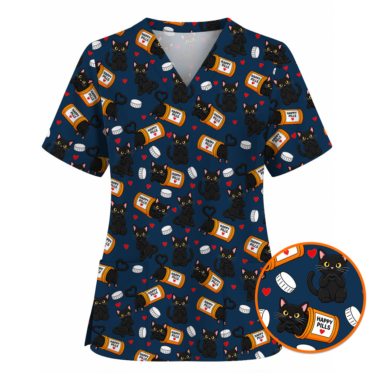 Black Cat Happy Pills Nurse Scrub Top, Funny Pharmacy Cat Scrubs for Nurses, Cute Medical Nursing Uniform Gift