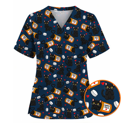 Black Cat Happy Pills Nurse Scrub Top, Funny Pharmacy Cat Scrubs for Nurses, Cute Medical Nursing Uniform Gift