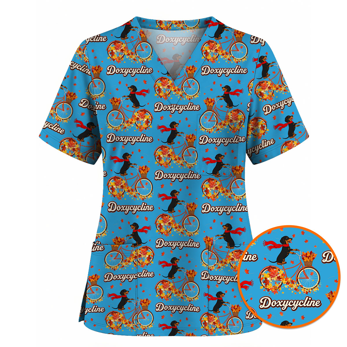Autumn Dachshund Scrub Top, Cute Wiener Dog Fall Nursing Uniform, Breathable Veterinary Scrub Shirt