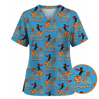 Autumn Dachshund Scrub Top, Cute Wiener Dog Fall Nursing Uniform, Breathable Veterinary Scrub Shirt