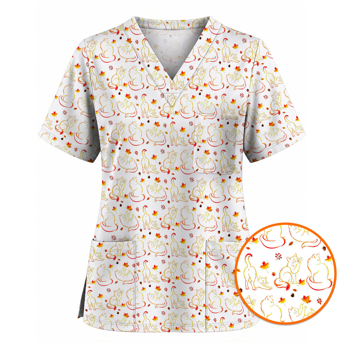 Autumn Black Cat Scrub Top, Fall Cat Nursing Uniform for Cat Lovers, Comfortable Feline Medical Scrubs For Nurse