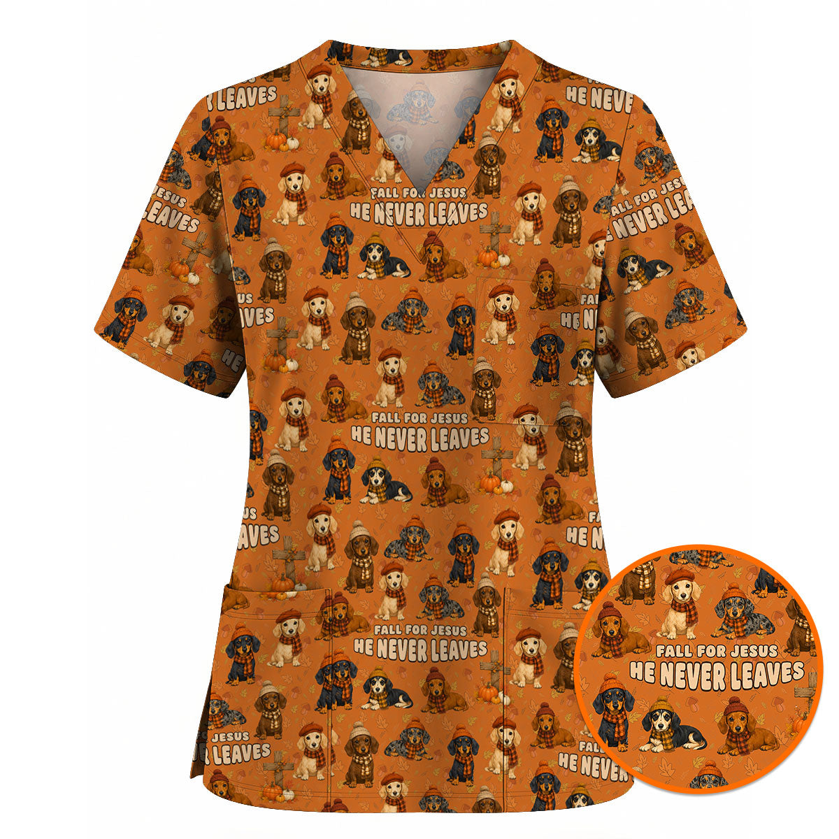Autumn Dachshund Scrub Top, Wiener Dog Fall Nursing Uniform for Dog Lovers, Comfortable Scrubs for Nurses