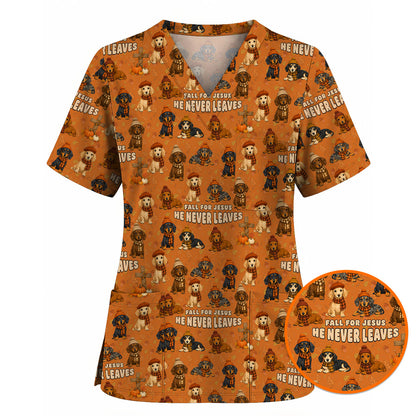 Autumn Dachshund Scrub Top, Wiener Dog Fall Nursing Uniform for Dog Lovers, Comfortable Scrubs for Nurses