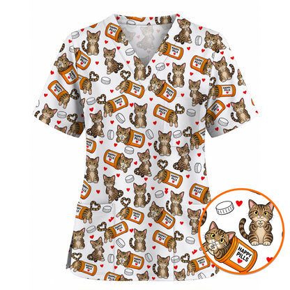 Tabby Cat Nurse Scrub Top, Happy Pills Medical Scrubs, Cute Cat Lover Healthcare Uniform