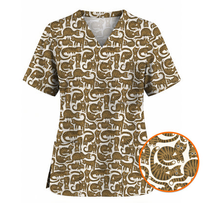 Cute Tabby Cat Pattern Scrub Top, Brown Tabby Cat Nursing Uniform for Cat Lovers, Comfortable Feline Scrubs for Nurses