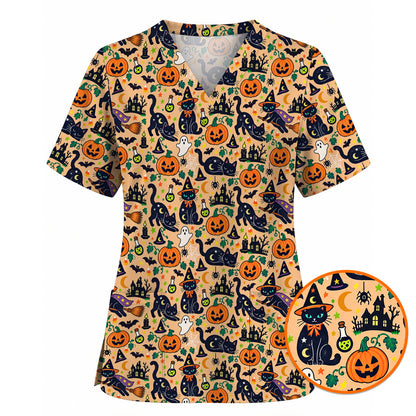 Black Cat Witch Halloween Scrub Top, Spooky Pumpkin Nurse Scrubs, Halloween Medical Uniform