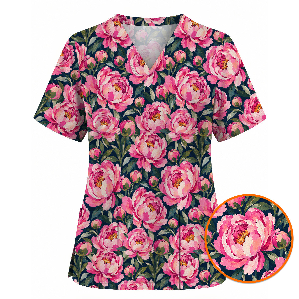 Peony Floral Scrub Top for Women, Pink Peony Nurse Scrub Shirt, Floral Nursing Uniform for Healthcare Workers