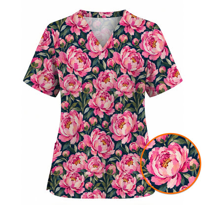 Peony Floral Scrub Top for Women, Pink Peony Nurse Scrub Shirt, Floral Nursing Uniform for Healthcare Workers