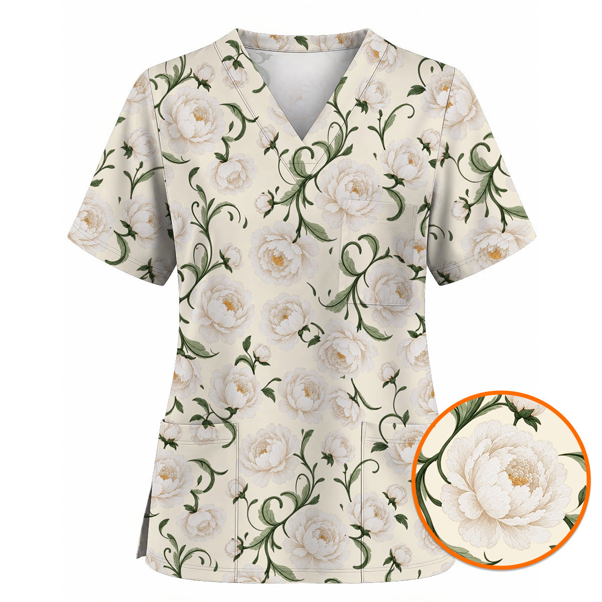 Peony Floral Pattern Scrub Top, Crazy Pink Peony Nurse Scrubs, Breathable Fabrics Nursing Uniform