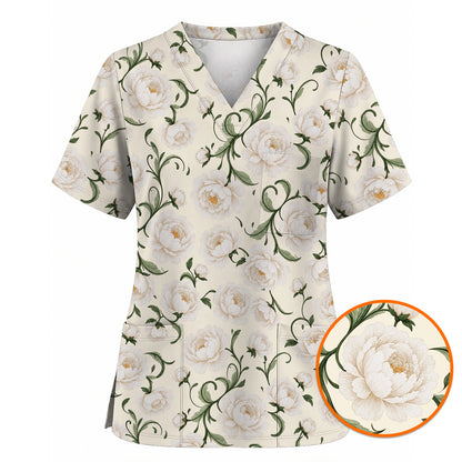 Peony Floral Pattern Scrub Top, Crazy Pink Peony Nurse Scrubs, Breathable Fabrics Nursing Uniform