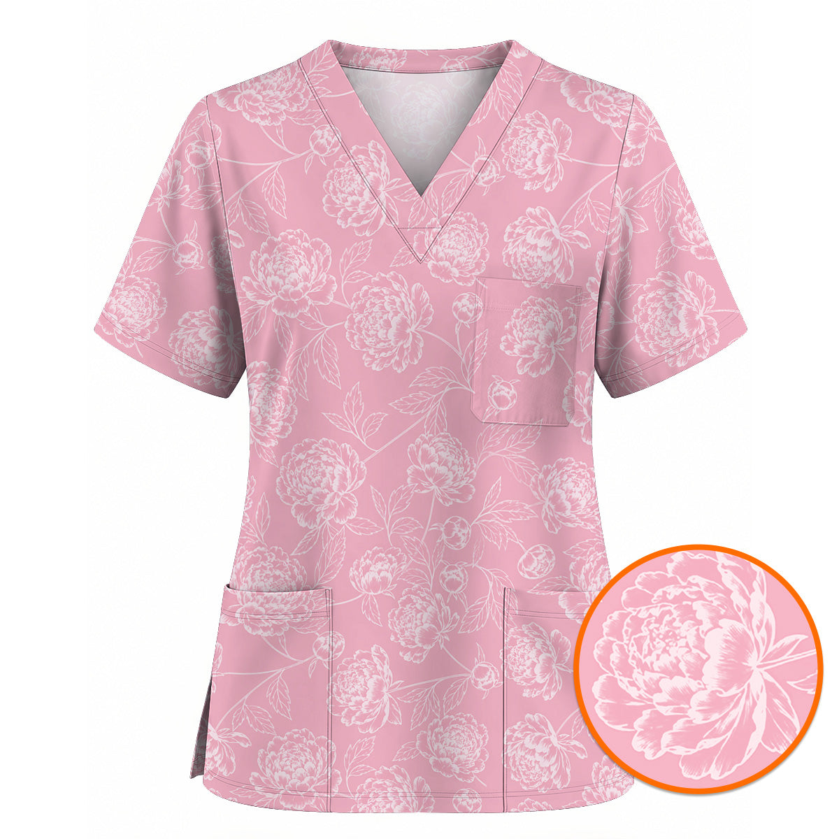 Peony Floral Pattern Scrub Top, Pink Peony Nurse Scrubs, Floral Nursing Uniform
