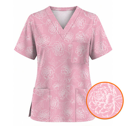Peony Floral Pattern Scrub Top, Pink Peony Nurse Scrubs, Floral Nursing Uniform
