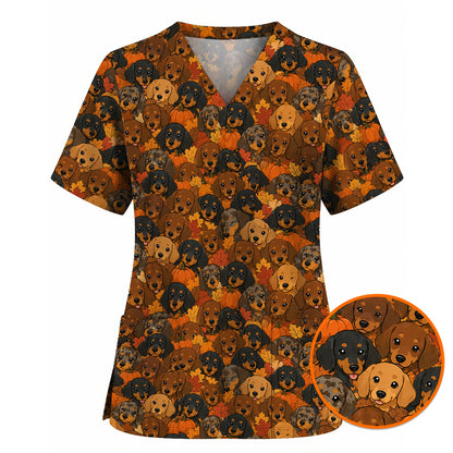 Funny Autumn Dachshund Scrub Top, Fall Wiener Dog Nurse Scrubs for Dog Lovers, Comfortable Uniform for Nurses