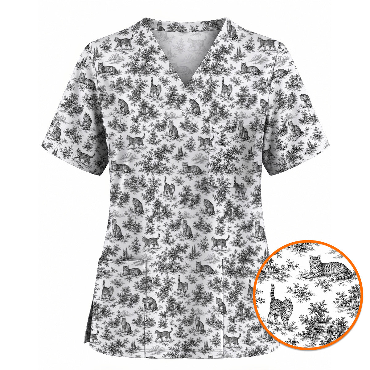 Toile de Jouy Cat Scrub Top, Crazy Cats Pattern Nursing Uniform for Cat Lovers, Vintage Feline Medical Scrubs
