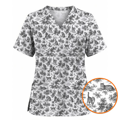 Toile de Jouy Cat Scrub Top, Crazy Cats Pattern Nursing Uniform for Cat Lovers, Vintage Feline Medical Scrubs