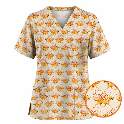 Autumn Labrador Retriever Nurse Scrub Top, Funny Fall Lab Dog Medical Uniform for Veterinary & Healthcare Staff, Comfortable Scrubs for Nurses
