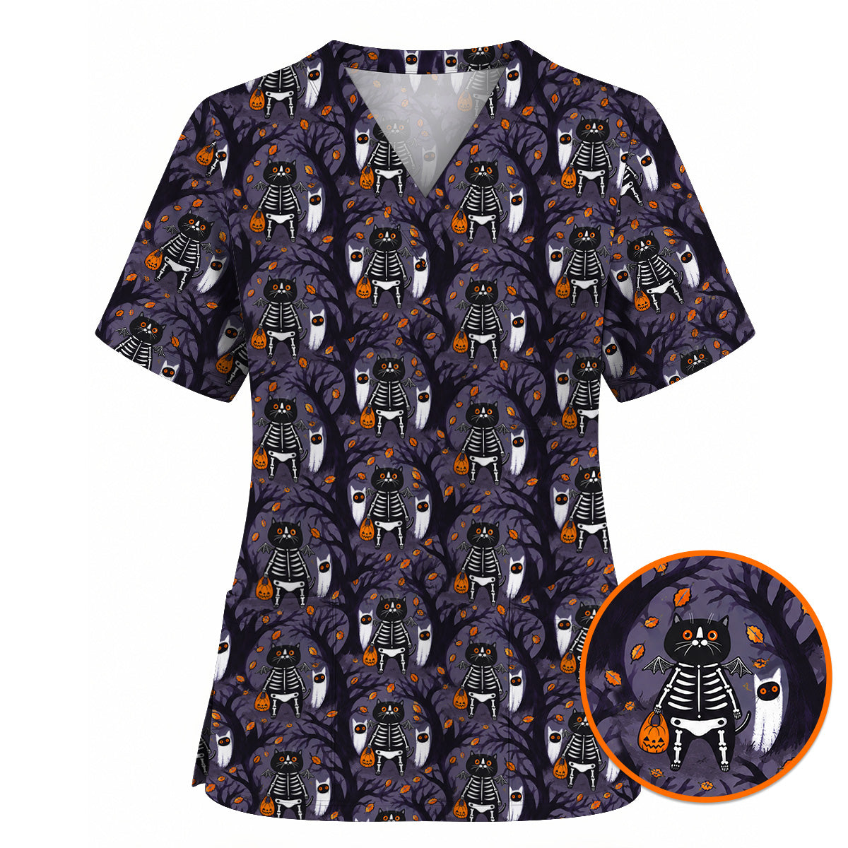 Skeleton Cat Halloween Scrub Top, Spooky Black Cat Nurse Scrubs, Halloween Medical Uniform