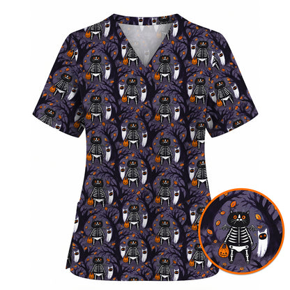 Skeleton Cat Halloween Scrub Top, Spooky Black Cat Nurse Scrubs, Halloween Medical Uniform
