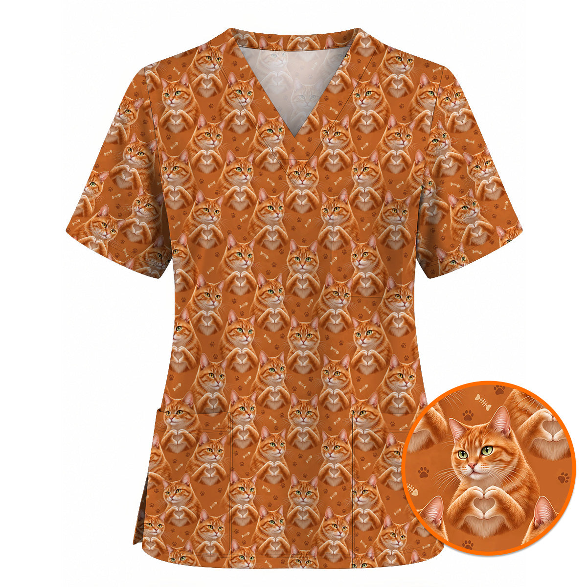 Orange Tabby Cat Love Nurse Scrub Top, Cute Cat Pattern Scrubs For Nurses, Breathable Fabrics Nursing Uniform