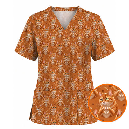 Orange Tabby Cat Love Nurse Scrub Top, Cute Cat Pattern Scrubs For Nurses, Breathable Fabrics Nursing Uniform