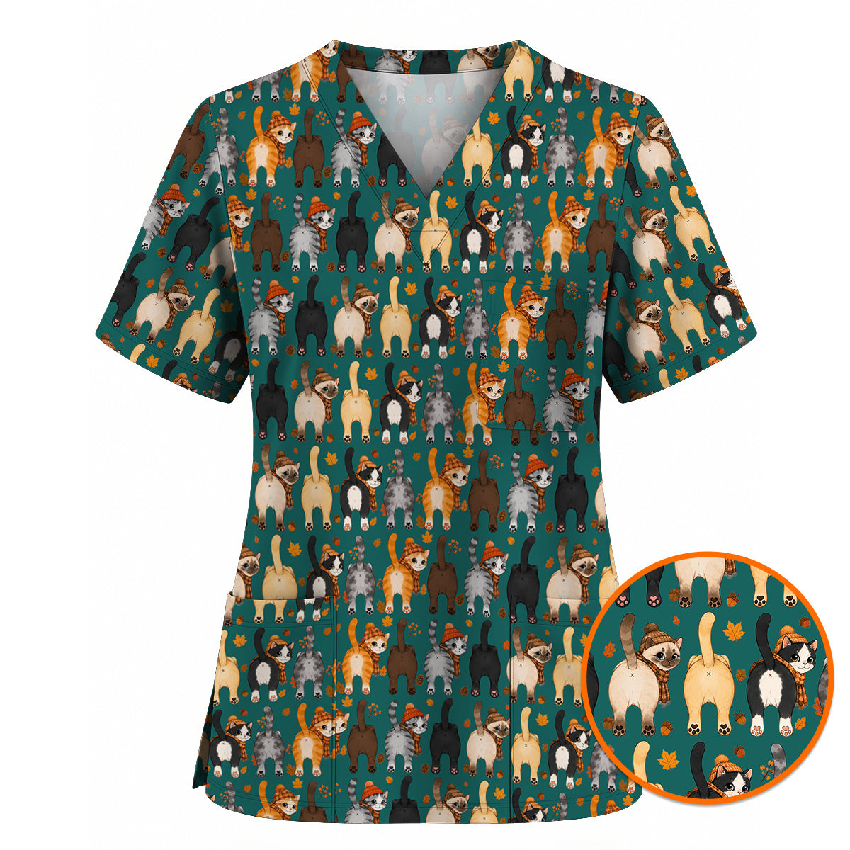 Funny Autumn Cat Scrub Top, Cozy Fall Cat Scrubs Nurse for Cat Lovers, Breathable Fabrics Nursing Uniform
