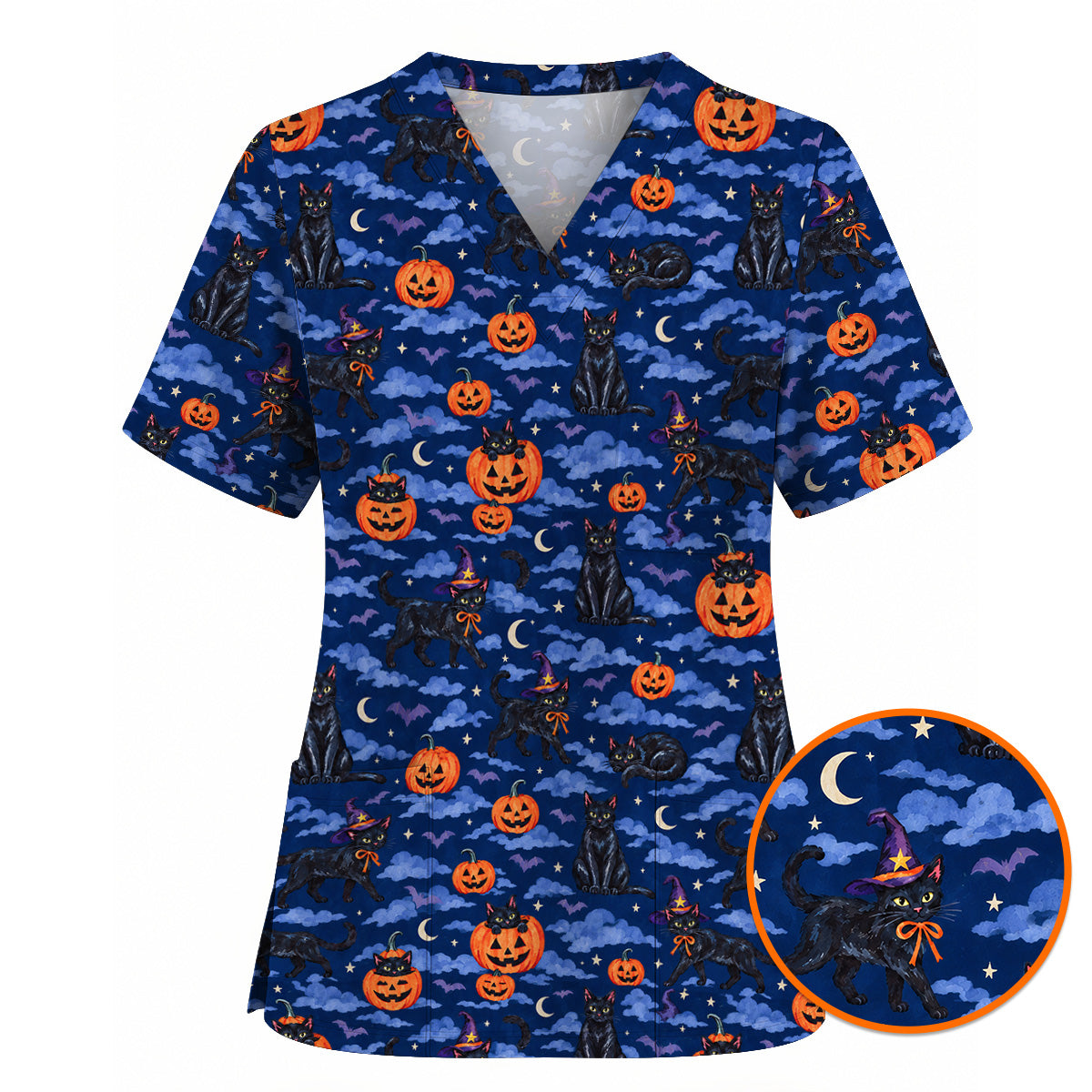 Black Cat Halloween Scrub Top, Witchy Pumpkin Nurse Scrubs, Spooky Season Healthcare Uniform