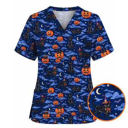 Black Cat Halloween Scrub Top, Witchy Pumpkin Nurse Scrubs, Spooky Season Healthcare Uniform